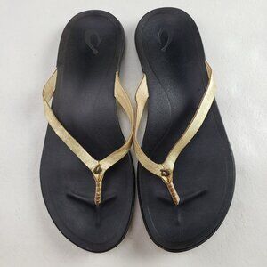 Olukai Ho'opio Flip Flop Sandal Womens 9 Gold Leather Slip On Strappy Thong